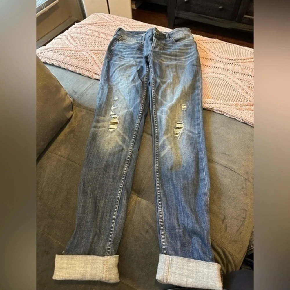 White House Black Market Mid Rise Blue Jeans Metallic Material In Rips